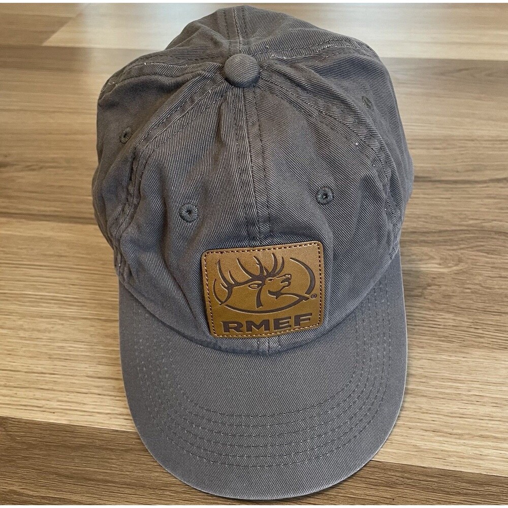 RMEF Hat Mens Gray Rocky Mountain Elk Foundation Baseball Cap Leather Patch Snap